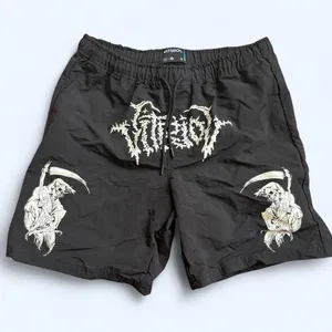Vitriol Shorts Men Black Grim Fusion Reaper Graphic Gothic Spell out Grunge Board Shorts Y2K #Streetwear #Emo #Punk #Skater #Biker Sz M - measurement in pics thumbnail 1