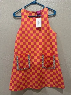 Queen Of Sparkles Pink & Orange Plaid Jewel Pocket Cotton Tank Dress Size Small thumbnail 1