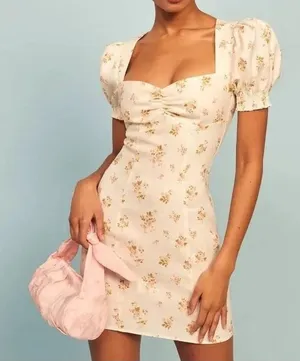 Reformation Gina 100% Linen Cream Floral Print Puff Sleeve Coquette Mini Dress 0 thumbnail 1