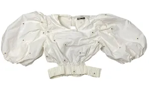 Zara Women's White Floral Embroidered Balloon Sleeves Crop Poplin Blouse Top XS thumbnail 1