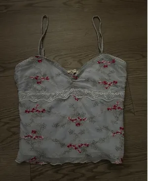 Thirty Thirty LA Floral Embroidered Mesh Cami Top Blue Pink Lace Trim Medium thumbnail 1
