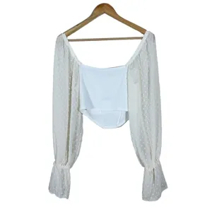 Urban Outfitters Swiss Dot Sleeve Ribbed Cutout Corset Crop Top White Size S thumbnail 4