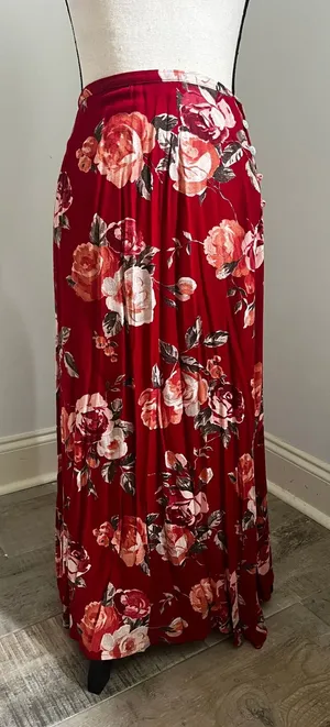Vintage Red Floral Maxi Skirt sz Small 25 Coastal‎ Chic Resort 80s Boho Romantic thumbnail 1