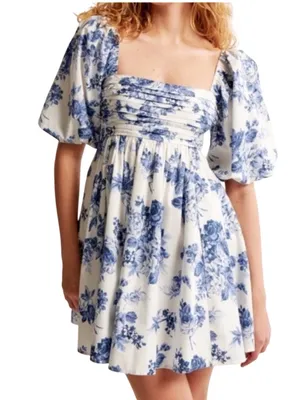 Abercrombie & Fitch Emerson Poplin Puff Sleeve Mini Dress S Blue/White Size XL thumbnail 1
