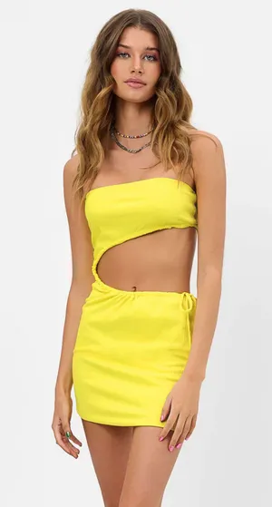 Frankie’s Bikinis Yellow Renee Plisse Strapless Tube Bodycon Mini Cutout Dress thumbnail 1