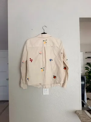 Sézane x Pangea Tomboy Shirt Fruit Floral Embroidered Ecru Linen Button down thumbnail 18