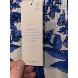 Calypso St Barth Linen Blend Smocked Back‎ Midi Dress Blue White Tropical Size S thumbnail 16