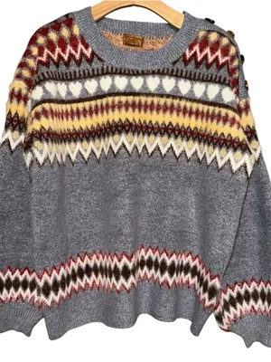 POL Women’s Size S Gray Yellow Maroon Fair Isle Crewneck Oversized Sweater thumbnail 1