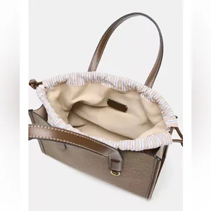 Zara NWT tan brown and taupe woven fabric shopper handbag top handle purse thumbnail 6