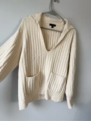 J. Crew Cozy Cream V-Neck Hooded Sweater with Pockets Ribbed Beige Cream Size M thumbnail 4
