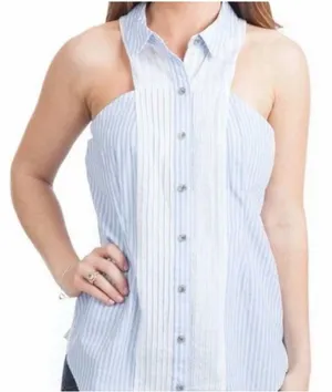 Anthropologie Maeve Sleeveless Collard Stripped Button Down Halter Blouse Size12 thumbnail 1