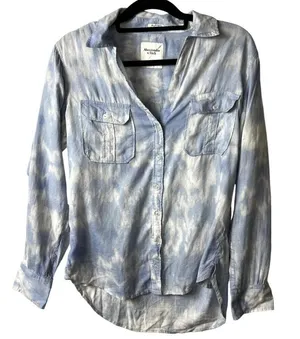 Abercrombie & fitch‎ linen boyfriend button up top blue tie dye women’s size S thumbnail 1
