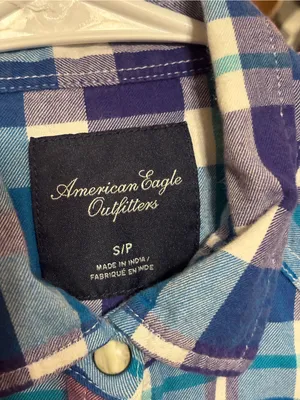 American Eagle Plaid Flannel Snap Button Front Shirt Blue Pink Women's Small thumbnail 6