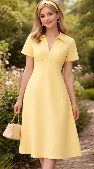 VINTAGE 60s Yellow Jacquard Empire Waist Mod Dress Large thumbnail 1