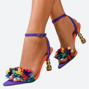 Rainbow 3D Flower Pointed Toe Floral Ankle Strap Heel Sandals Purple Size 39 thumbnail 1