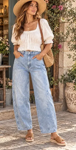 PTCL Heart Jacquard Barrel Leg Jeans Light Wash Size 29 / 10 thumbnail 1