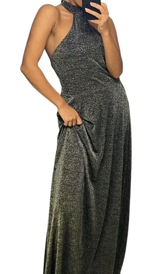 Lioness NWT Halter‎ Neck Maxi Dress Womens XS Silver Black Metallic Backless thumbnail 1