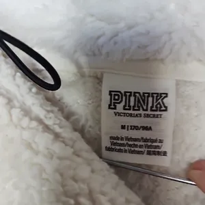 PINK - Victoria's Secret Cream Pullover Polor Fleece Texture Hooded Sweatshirt Sz M thumbnail 2