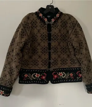 Scandinavian Wool Cardigan Small Brown Floral Embroidered Cottagecore Nordic thumbnail 1