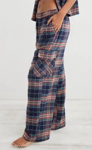 Aerie Flannel Cargo Skater Pajama Pant in Navy Plaid thumbnail 1