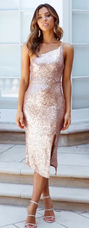 Hello Molly Blush Sequin One-Shoulder Midi Dress thumbnail 1