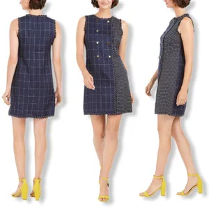 Julia Jordan Dress Shift Woven Navy Blue Decorative Buttons Sz 4 Raw‎ Edges Mini thumbnail 3