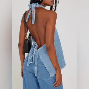 NWT Women’s‎ Denim Halter Open Back Vest Top thumbnail 2