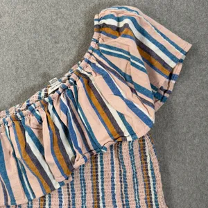 American Eagle One Shoulder Stripe Tank Top Women's XL Smocked Ruffle Hem Linen thumbnail 8