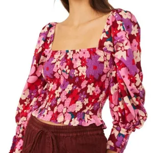 Free People‎ Pink Floral Ariana Smocked Puff Long Sleeve Top thumbnail 1