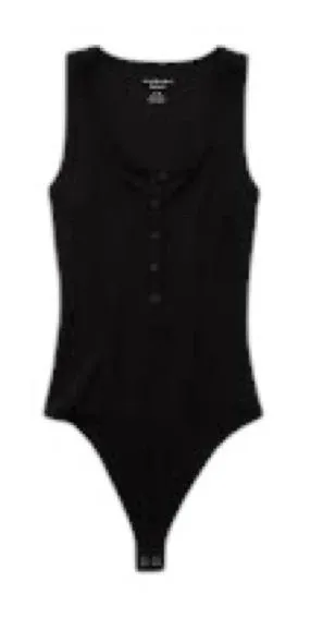 American Eagle - Soft & Sexy Ribbed Henley Bodysuit Black Sleeveless Sz L thumbnail 1