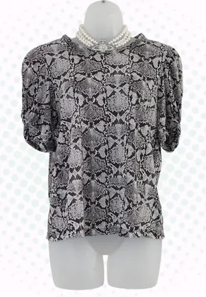 ALC Black & White Snakeskin Print Puff Sleeve 100% Cotton Blouse Size S thumbnail 1