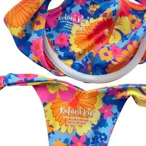 Kulani Kinis Bikini Set Sapphire Sun Floral Retro Y Thong Underwire Bralette M/L thumbnail 3