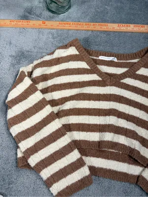 Altar'd State Cozy Striped V-Neck Cropped Sweater - Cream & Brown medium thumbnail 2