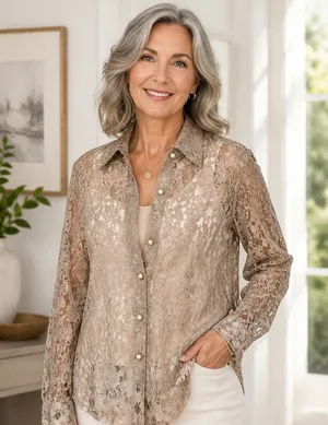 Floral Lace Blouse Button Down See Through Beige Long Sleeve Romantic Boho Chic thumbnail 1