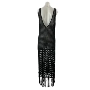 Zara Women's Black Sleeveless Open Knit Crochet Fringed Tasseled Maxi Dress Sz M thumbnail 3