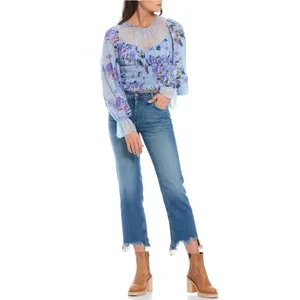 Free People Daphne Floral Lace Blouse In Silver Blue Combo NWT XS thumbnail 3