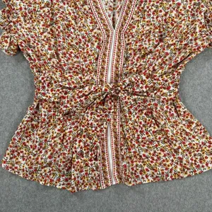 Max Studio Floral V-Neck Blouse Women's XL Yellow/Red Belted Ruffle Boho thumbnail 5