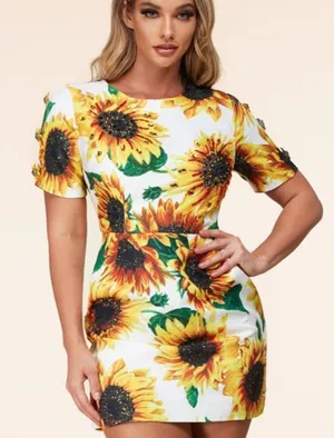 L'ATISTE Sunflower Paradise Mini Dress White Yellow Floral Embellished SZ Large thumbnail 1