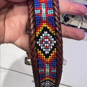 Vintage 1991 Brighton beaded western brown leather belt Aztec diamond pattern 30 thumbnail 5
