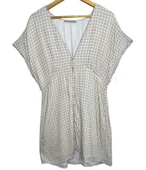 Abercrombie & Fitch Cream Tan Plaid V-Neck Short Sleeve Mini Dress Womens Size L thumbnail 1