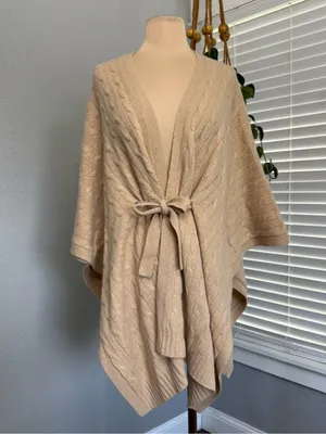 Saks Fifth Avenue Cashmere Tie-Front Cable Knit Poncho Sweater - Cream Size XS/S thumbnail 2