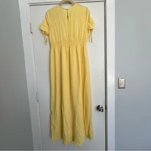 Bar III butter Yellow V-Neck Smocked Maxi Dress NWT FLAW short sleeve slit large thumbnail 13