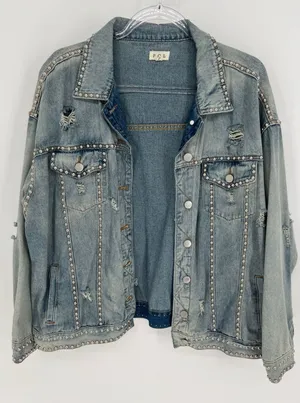 POL Denim Jean Jacket Womens S Blue Studded‎ Distressed Oversized thumbnail 1