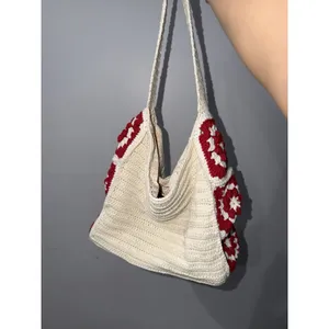 Crochet Granny Square Shoulder Tote Bag Red Beige Handmade Afghan Boho L‎ thumbnail 3