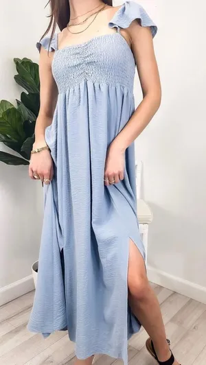 Ruffled Cap Sleeve Maxi Slit Medium Dress by Anna-Kaci thumbnail 1