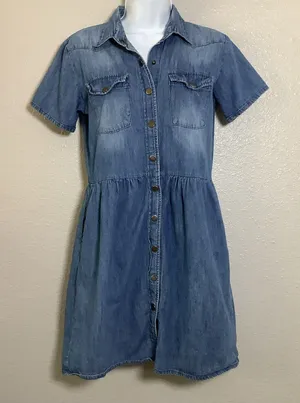 Oasis Blue Denim Retro Button Up Western Cowgirl Country Casual Dress Sz‎ 8 thumbnail 1