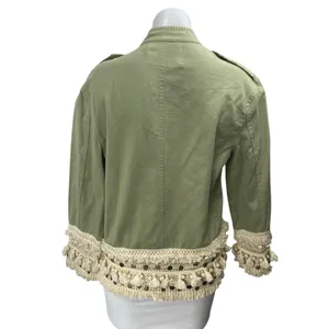 Zara Green Crochet Fringe Trim Button Front Pockets Long Sleeve Jacket Size XS thumbnail 2