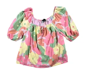 Sanctuary Floral Puff Sleeve Blouse Womens Large Multicolor Linen Blend Tie Neck thumbnail 1