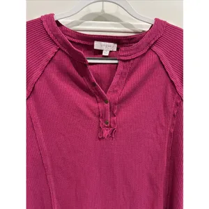 Umgee Fuchsia Pink Textured Henley Shirt Casual Boho Cotton Thermal thumbnail 2
