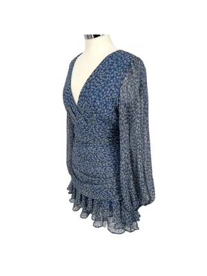 Bardot Floral V-Neck Long-Sleeve Mini Dress Ruffled Ruched Blue Size XL thumbnail 5